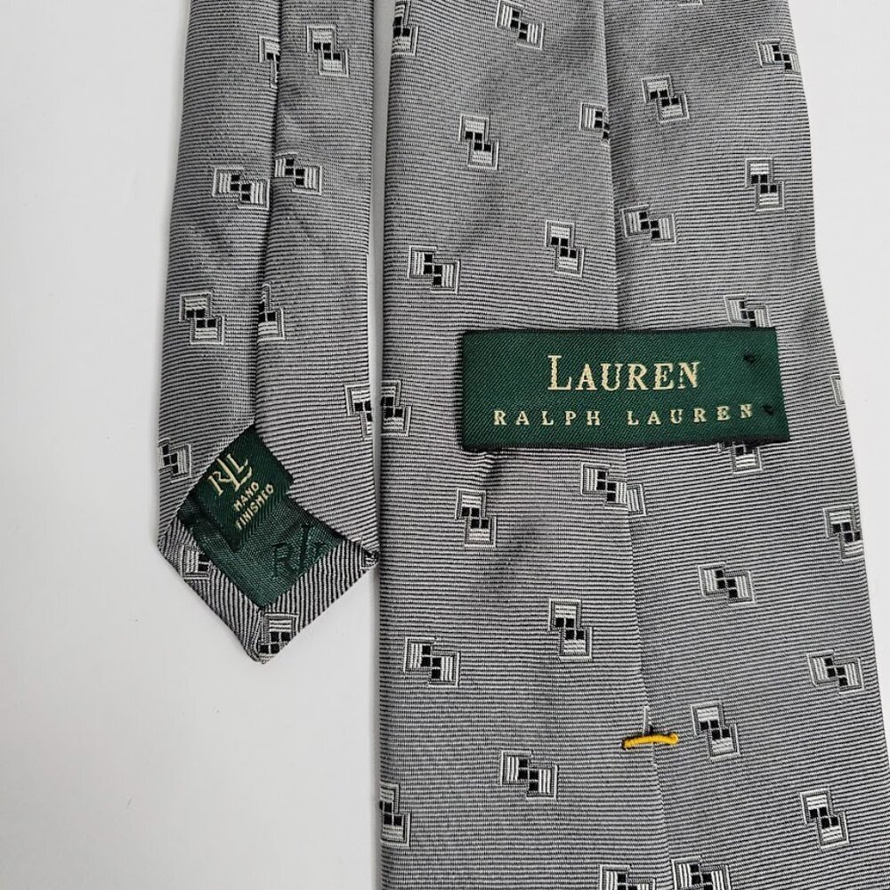 LAUREN RALPH LAUREN 100% Silk Tie Necktie GRAY with SILVER BLACK Geometric 57" - Picture 4 of 6